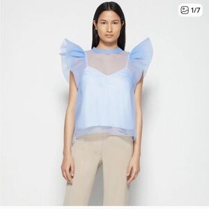 Jonathan Simkhai Light Blue Sheer Ruffle Sleeve Blouse